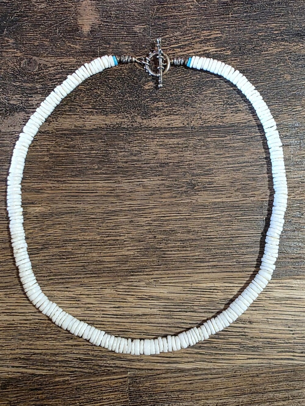 Artisanal Smooth Sterling Silver White Heishi Puka Shell Necklace 18.5 Turquoise
